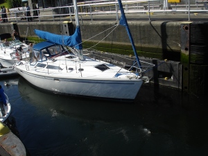 A sailboat in the lock.